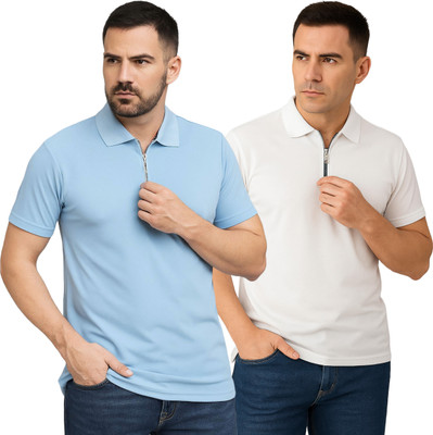 BLACK COOL Solid Men Polo Neck Light Blue, White T-Shirt