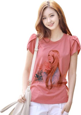 babaimpex Floral Print Women Round Neck Pink T-Shirt