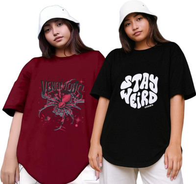 R S Fashion Printed Women Round Neck Maroon, Black T-Shirt