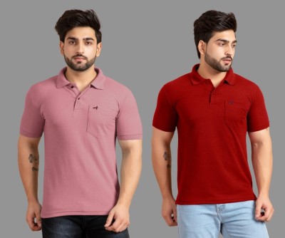 addiz Solid Men Polo Neck Red, Pink T-Shirt