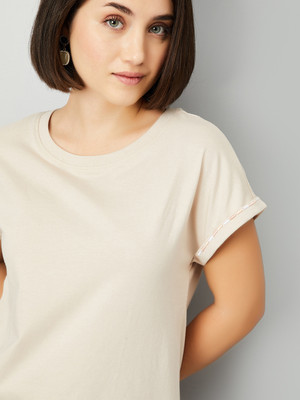 MAX Solid Women Round Neck Beige T-Shirt