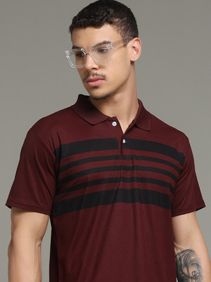 Nins Moda Striped Men Polo Neck Maroon T-Shirt