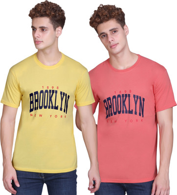 Zeffit Printed Men Round Neck Yellow, Pink T-Shirt