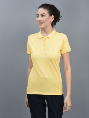 Dollar Missy Solid Women Polo Neck Reversible Yellow T-Shirt