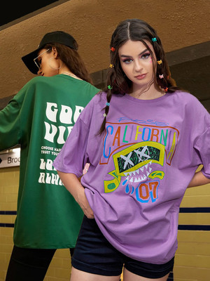 Christy World Printed Women Round Neck Purple, Green T-Shirt