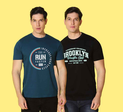 WOOSTRO Printed Men Round Neck Blue, Black T-Shirt