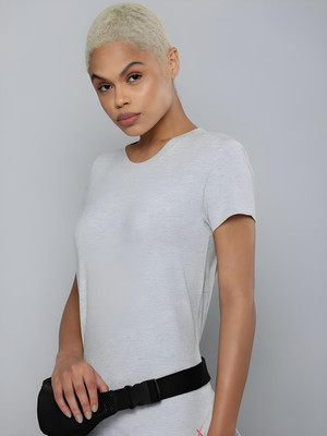 HRX by Hrithik Roshan Solid Women Round Neck Grey T-Shirt