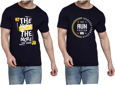 WOOSTRO Printed Men Round Neck Dark Blue T-Shirt