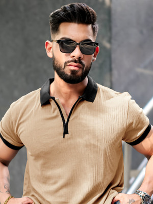 MANIAC Solid Men Polo Neck Beige T-Shirt