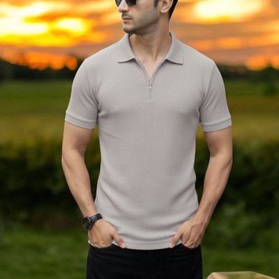 The Stanch Self Design Men Polo Neck Grey T-Shirt