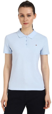 TOMMY HILFIGER Solid Women Polo Neck Blue T-Shirt