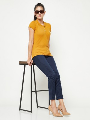 CRIMSOUNE CLUB Self Design Women Polo Neck Yellow T-Shirt