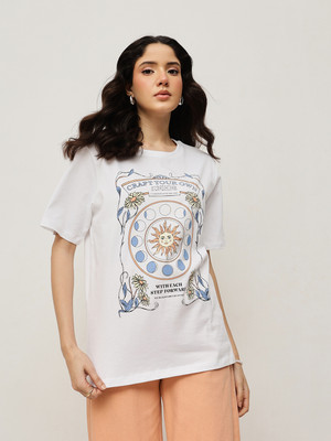 Espresso Printed Women Round Neck White T-Shirt