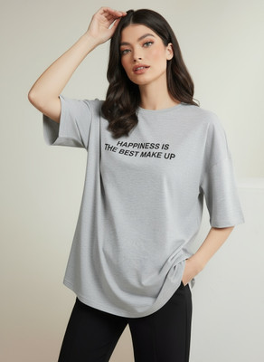 SZN Typography Women Round Neck Grey T-Shirt