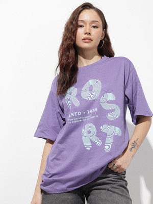 Roadster Printed Women Round Neck Purple T-Shirt