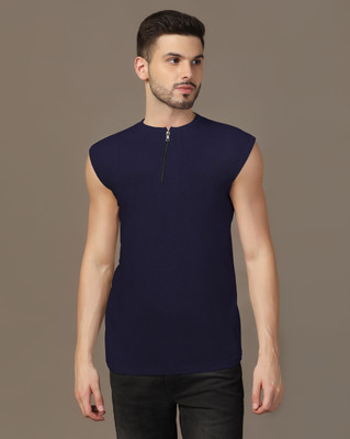 GEUM Solid Men Henley Neck Navy Blue T-Shirt