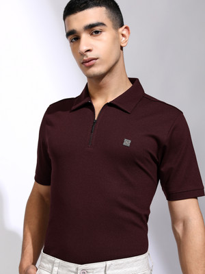 HIGHLANDER Solid Men Polo Neck Maroon T-Shirt