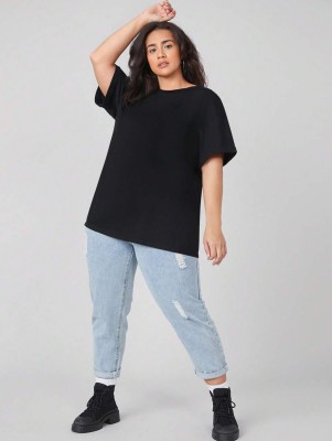 Calm Down Solid Women Round Neck Black T-Shirt