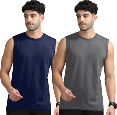 JB Jangoboy Solid Men Round Neck Dark Blue, Grey T-Shirt