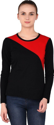 Lawful Casual Colorblock Women Round Neck Red, Black T-Shirt