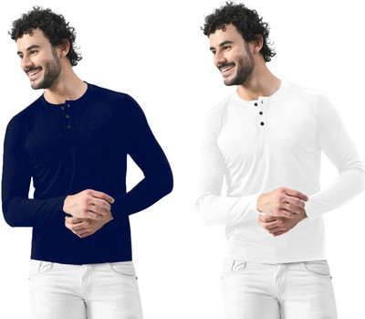 GEUM Solid Men Henley Neck Dark Blue, White T-Shirt