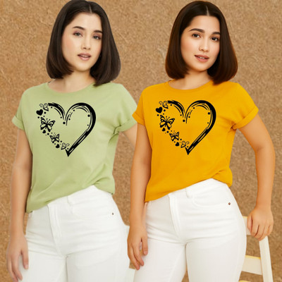 Kasendra Printed Women Round Neck Green, Yellow T-Shirt