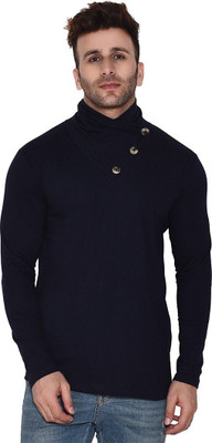 Lawful Casual Solid Men High Neck Navy Blue T-Shirt