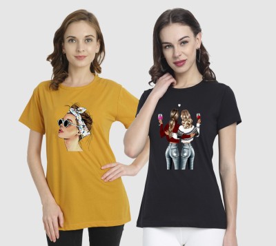 CHOZI Printed Women Round Neck Black, Yellow T-Shirt