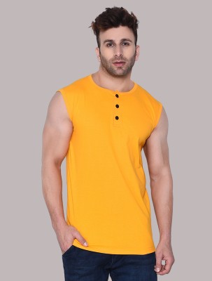 tfurnish Solid Men Henley Neck Yellow T-Shirt