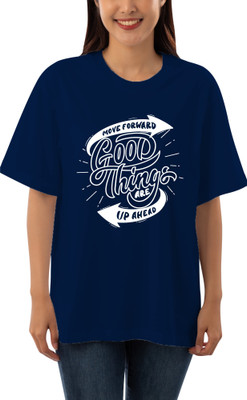 HouseOfCommon Printed Women Round Neck Blue T-Shirt