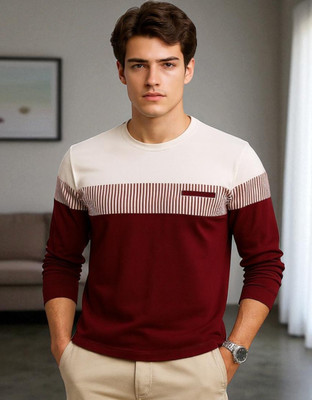 Autna Colorblock Men Round Neck Maroon T-Shirt