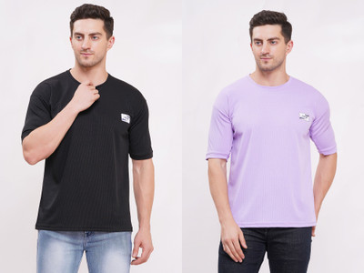 Pavis Striped Men Round Neck Black, Purple T-Shirt