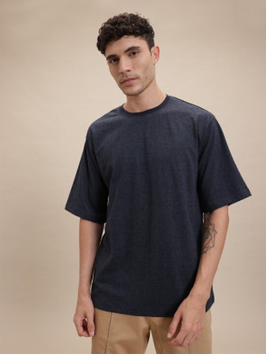 Roadster Solid Men Round Neck Navy Blue T-Shirt