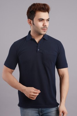 HouseOfCommon Solid Men Polo Neck Dark Blue T-Shirt