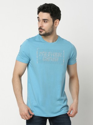 UnderJeans by Spykar Printed Men Round Neck Blue T-Shirt