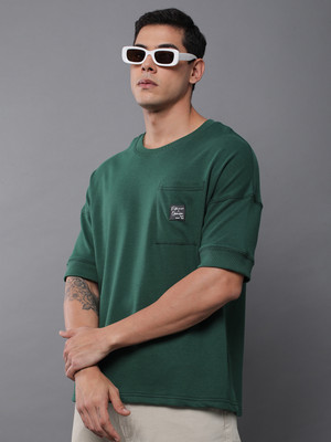 DIFFERENCE OF OPINION Solid Men Round Neck Dark Green T-Shirt