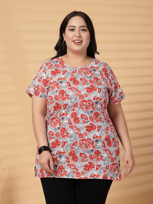PLUSS Printed Women Round Neck Grey, Red T-Shirt