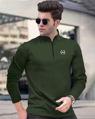 FastColors Solid Men Zip Neck Dark Green T-Shirt