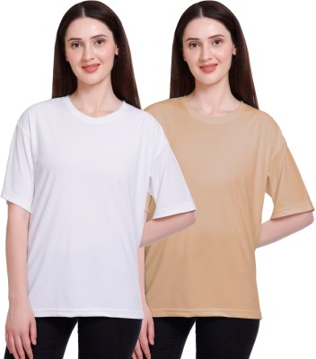 WILD DREAMS Solid Women Round Neck White, Beige T-Shirt