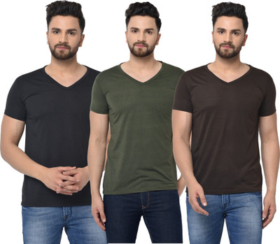 JB Jagoboy Solid Men V Neck Dark Green, Brown, Black T-Shirt