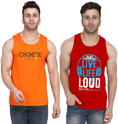 SLOWLORIS Printed, Colorblock Men Scoop Neck Red, Orange T-Shirt