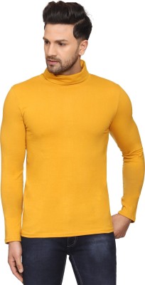 ROARERS Solid Men Turtle Neck Yellow T-Shirt