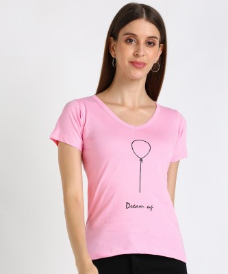 VAHSON Graphic Print Women V Neck Pink T-Shirt