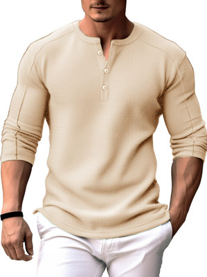 EyeBogler Self Design Men Round Neck Beige T-Shirt
