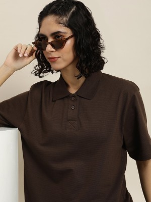 DILLINGER Solid Women Polo Neck Brown T-Shirt