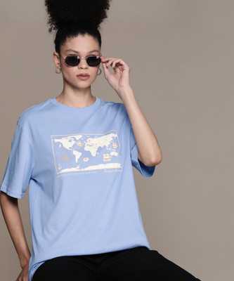 Roadster Printed Women Round Neck Blue T-Shirt