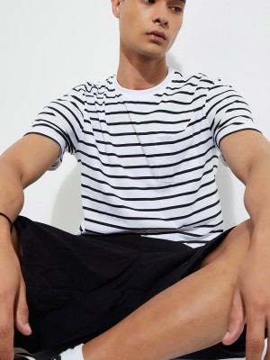 MAX Striped Men Round Neck Black T-Shirt