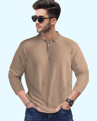 TEMUK Self Design Men Zip Neck Brown T-Shirt