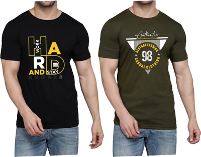 WOOSTRO Printed Men Round Neck Black, Dark Green T-Shirt