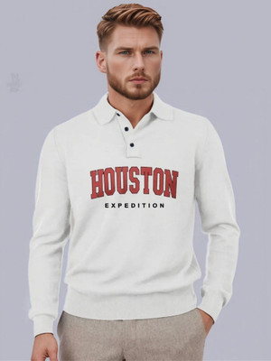 Jump Cuts Printed Men Polo Neck White T-Shirt